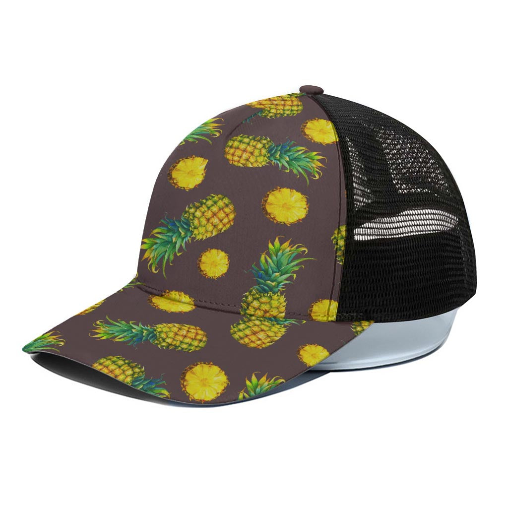 Brown Pineapple Pattern Print Black Mesh Trucker Cap