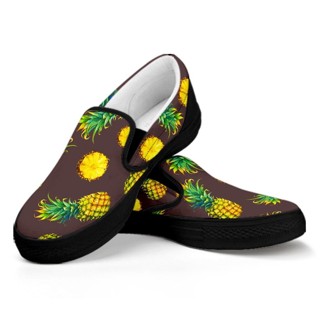 Brown Pineapple Pattern Print Black Slip On Sneakers