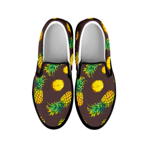 Brown Pineapple Pattern Print Black Slip On Sneakers