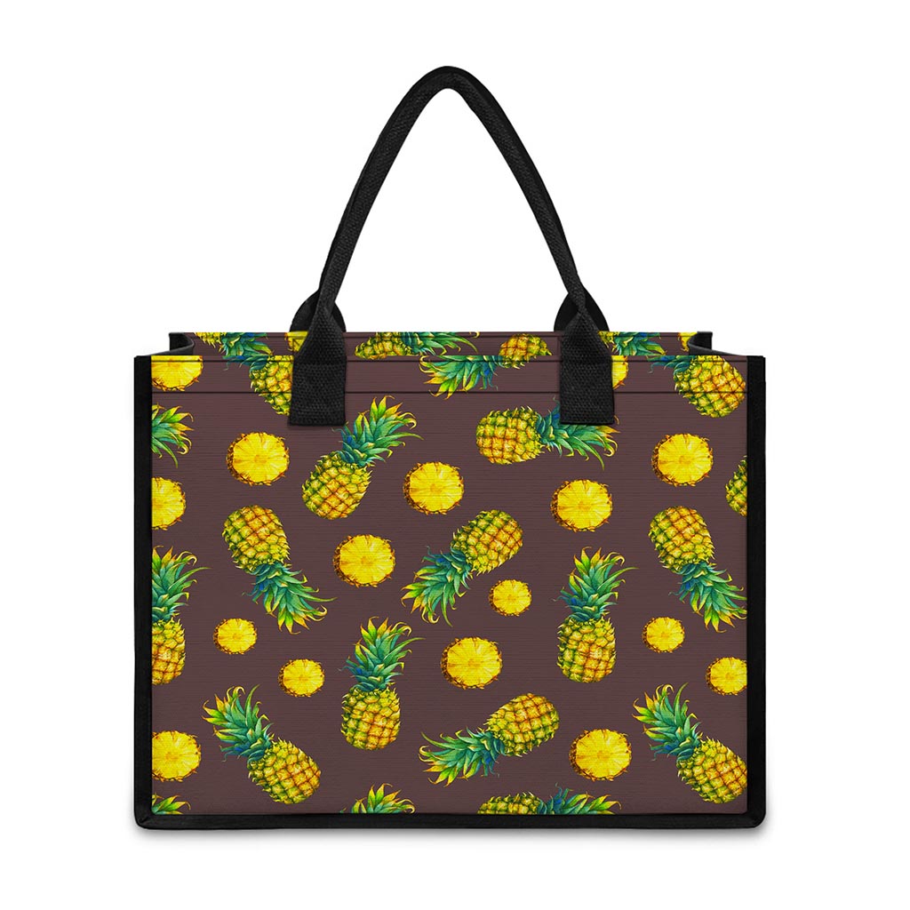Brown Pineapple Pattern Print Canvas Tote Bag