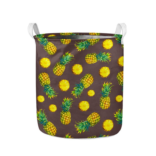 Brown Pineapple Pattern Print Collapsible Laundry Basket