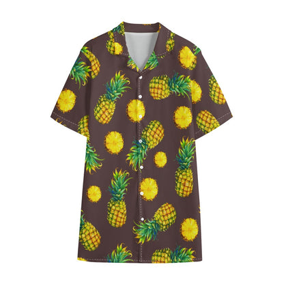 Brown Pineapple Pattern Print Cotton Hawaiian Shirt