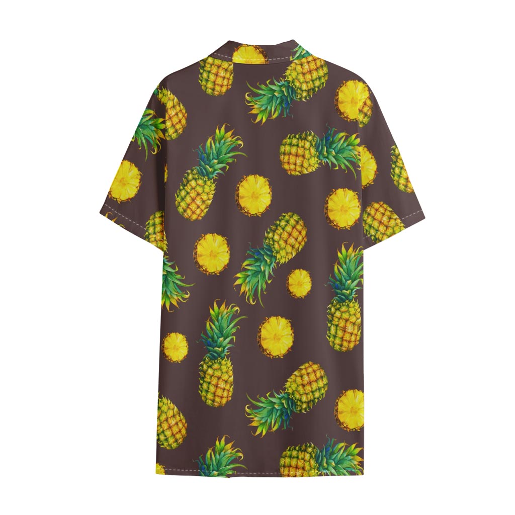 Brown Pineapple Pattern Print Cotton Hawaiian Shirt