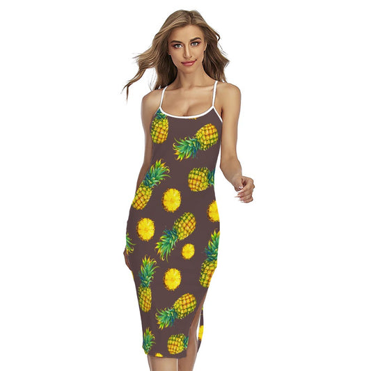 Brown Pineapple Pattern Print Cross Back Cami Dress