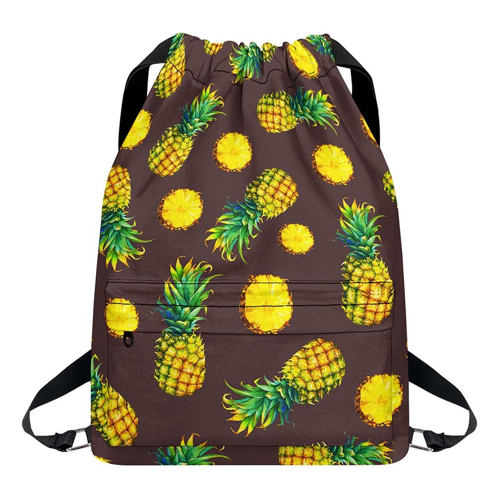 Brown Pineapple Pattern Print Drawstring Backpack