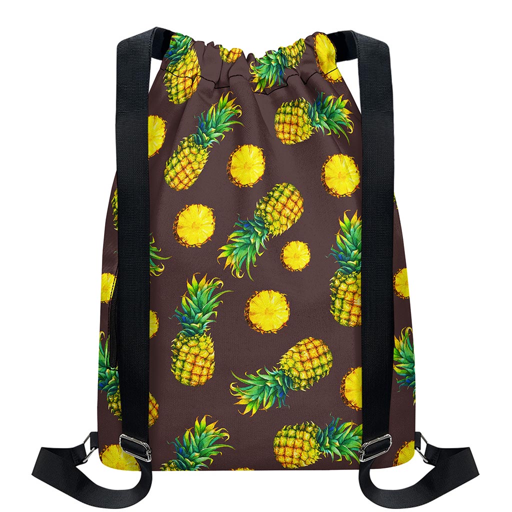 Brown Pineapple Pattern Print Drawstring Backpack
