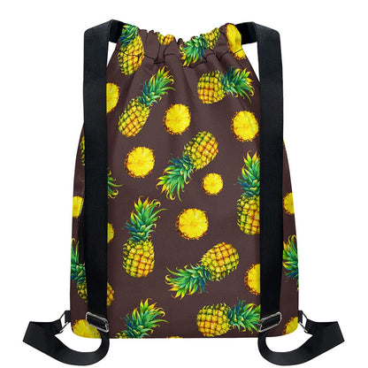 Brown Pineapple Pattern Print Drawstring Backpack