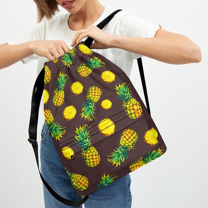 Brown Pineapple Pattern Print Drawstring Backpack