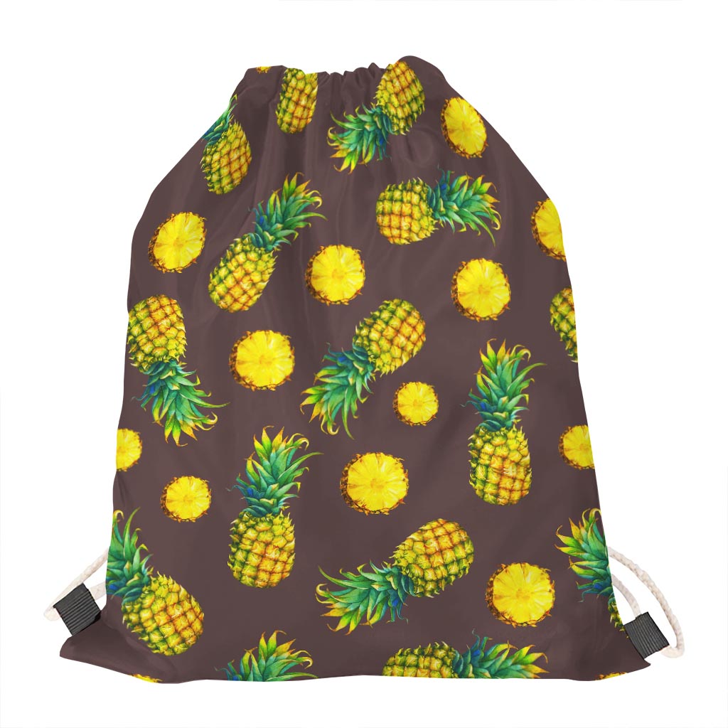 Brown Pineapple Pattern Print Drawstring Bag
