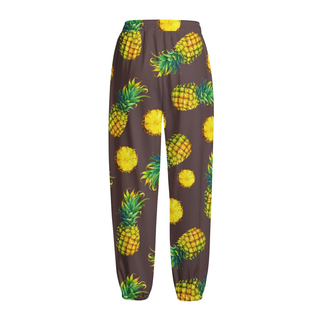 Brown Pineapple Pattern Print Fleece Lined Knit Pants