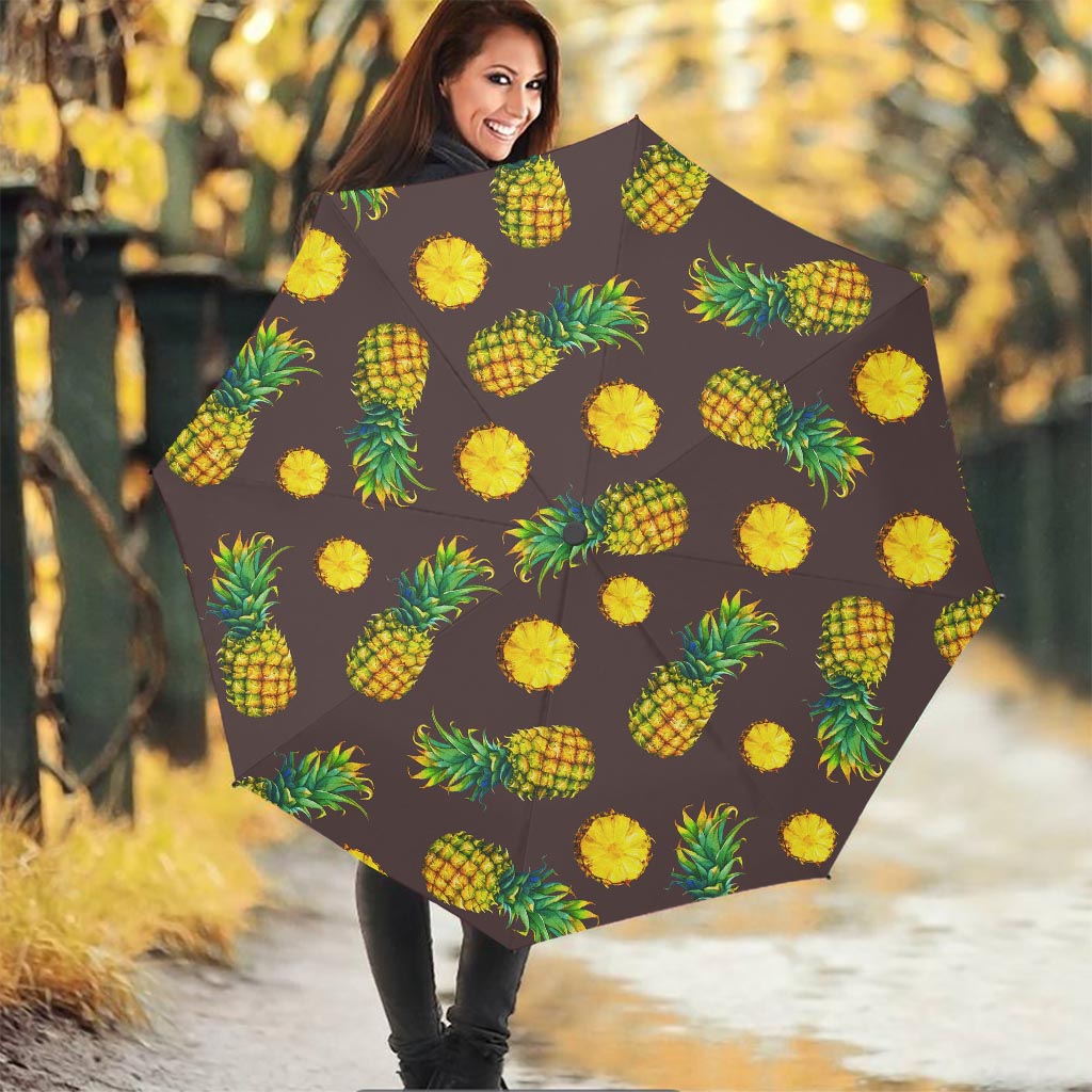 Brown Pineapple Pattern Print Foldable Umbrella