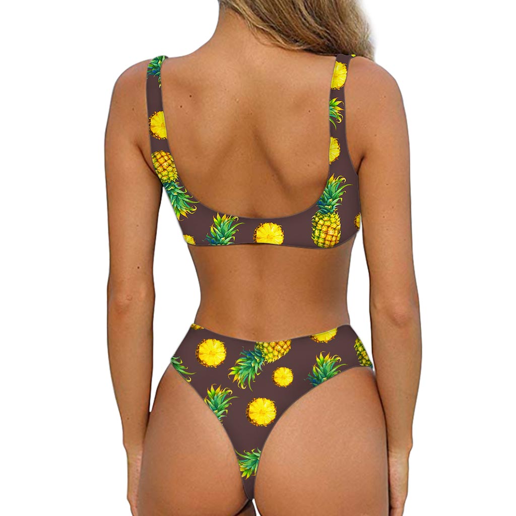 Brown Pineapple Pattern Print Front Bow Tie Bikini