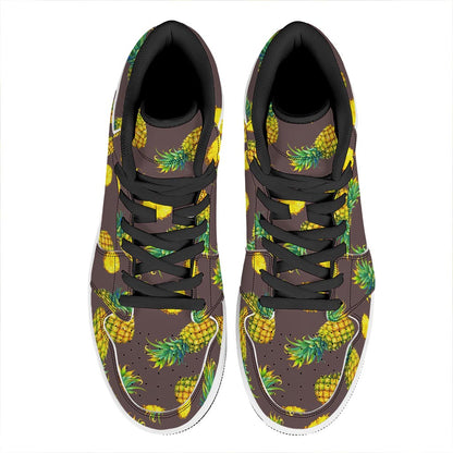 Brown Pineapple Pattern Print High Top Leather Sneakers
