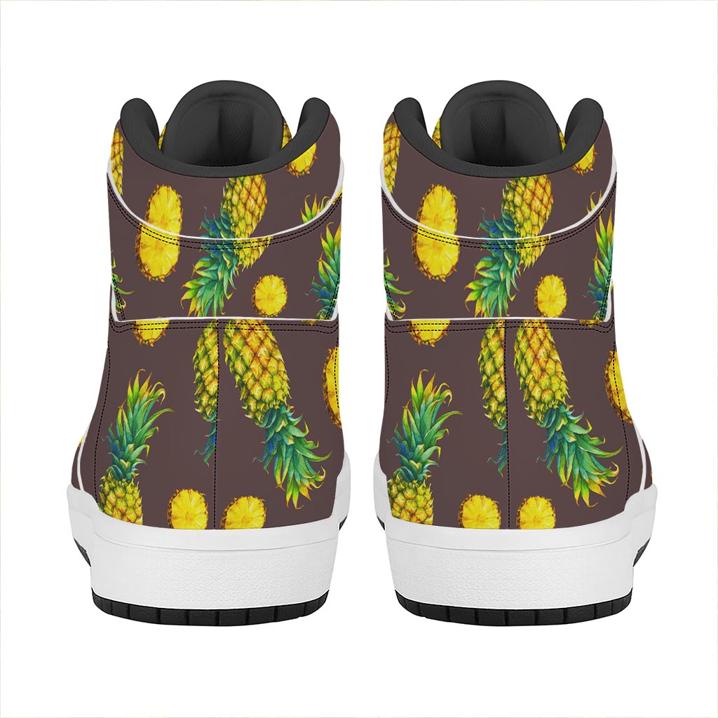 Brown Pineapple Pattern Print High Top Leather Sneakers