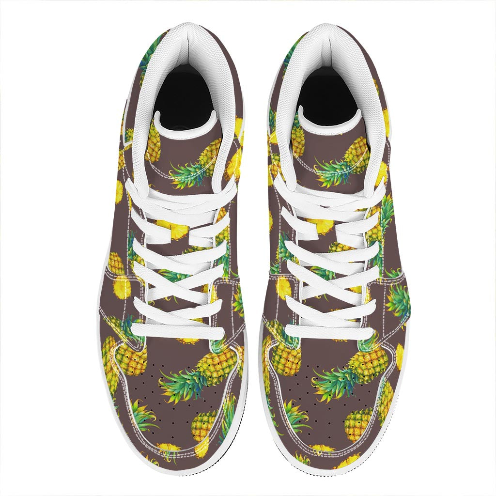 Brown Pineapple Pattern Print High Top Leather Sneakers