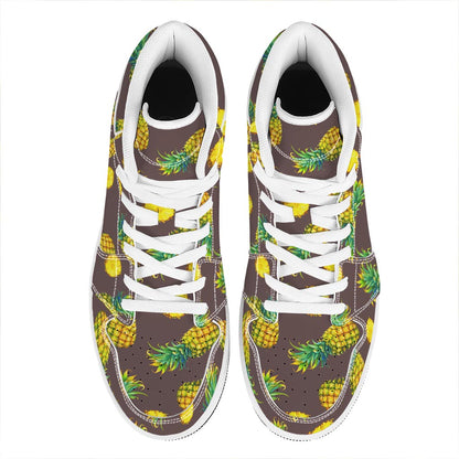Brown Pineapple Pattern Print High Top Leather Sneakers