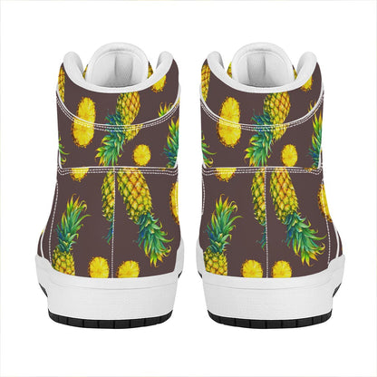 Brown Pineapple Pattern Print High Top Leather Sneakers