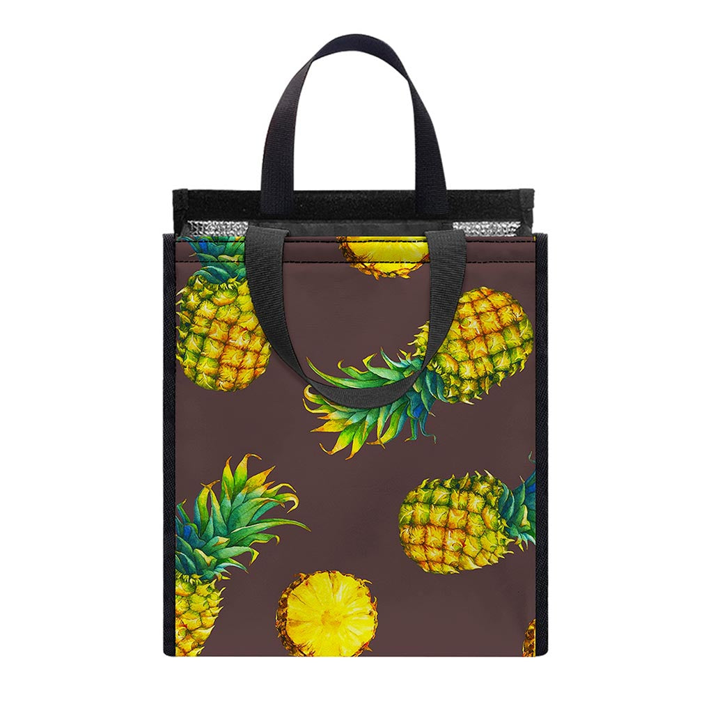 Brown Pineapple Pattern Print Insulated Lunch Tote