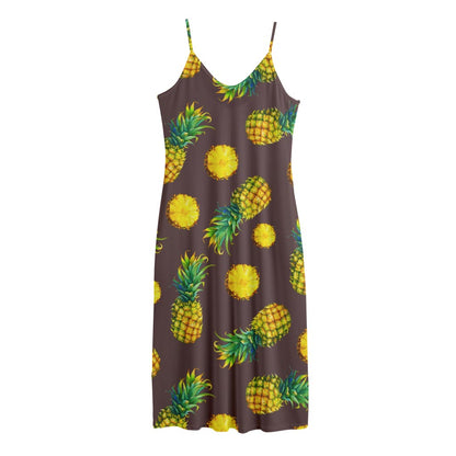 Brown Pineapple Pattern Print Jersey Midi Cami Dress