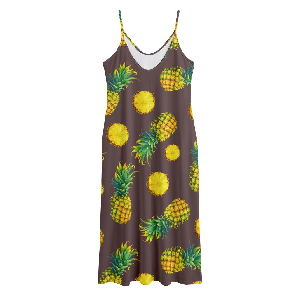 Brown Pineapple Pattern Print Jersey Midi Cami Dress