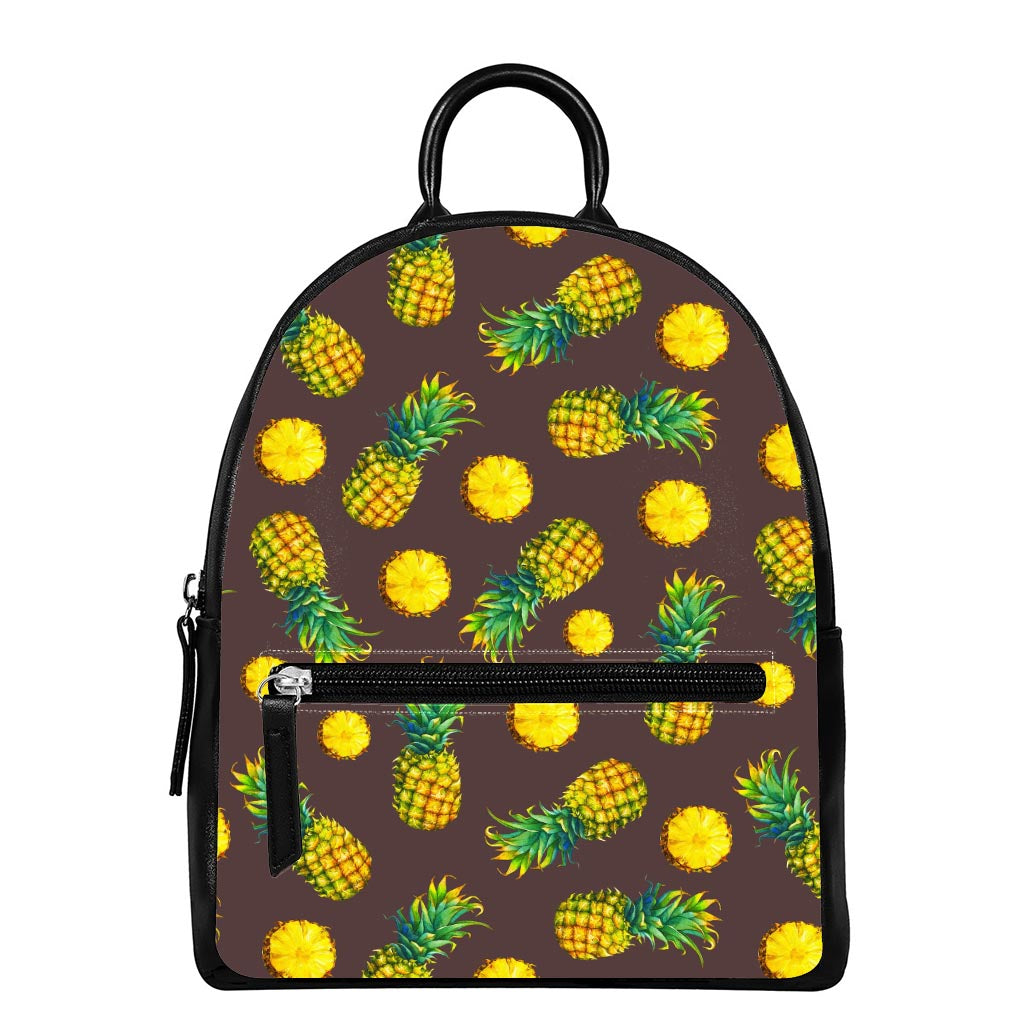Brown Pineapple Pattern Print Leather Backpack