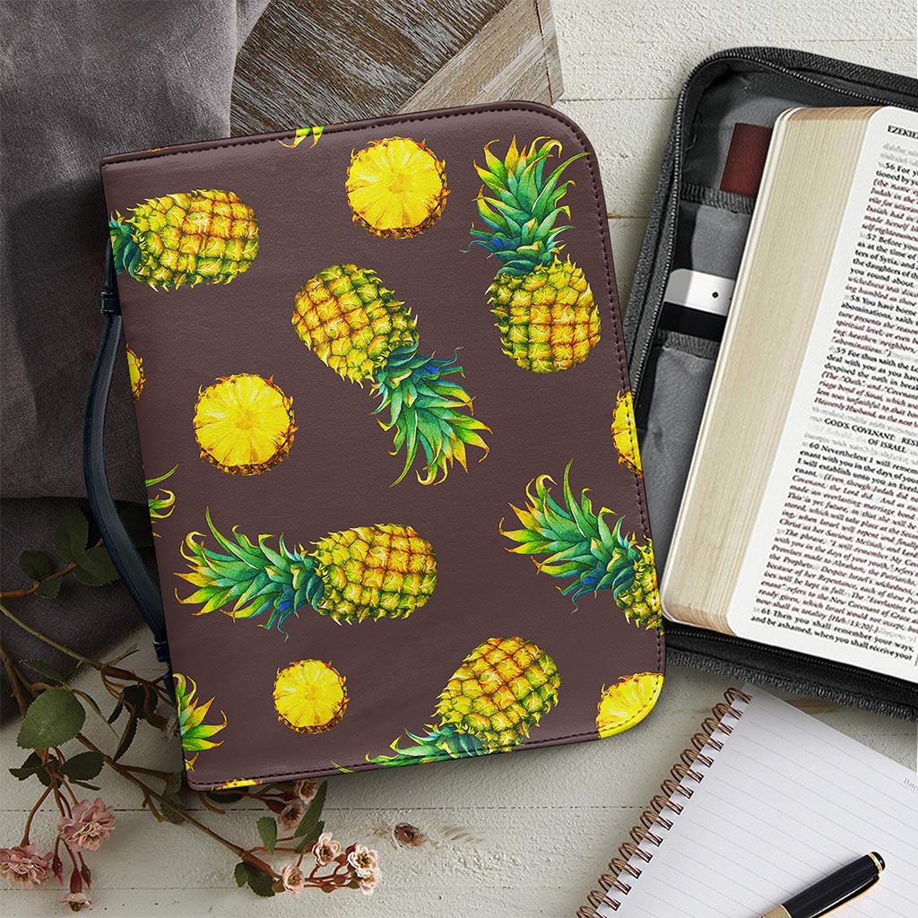 Brown Pineapple Pattern Print Leather Bible Cover