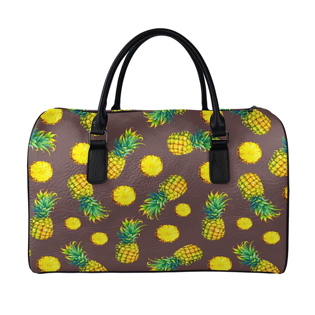 Brown Pineapple Pattern Print Leather Duffle Bag