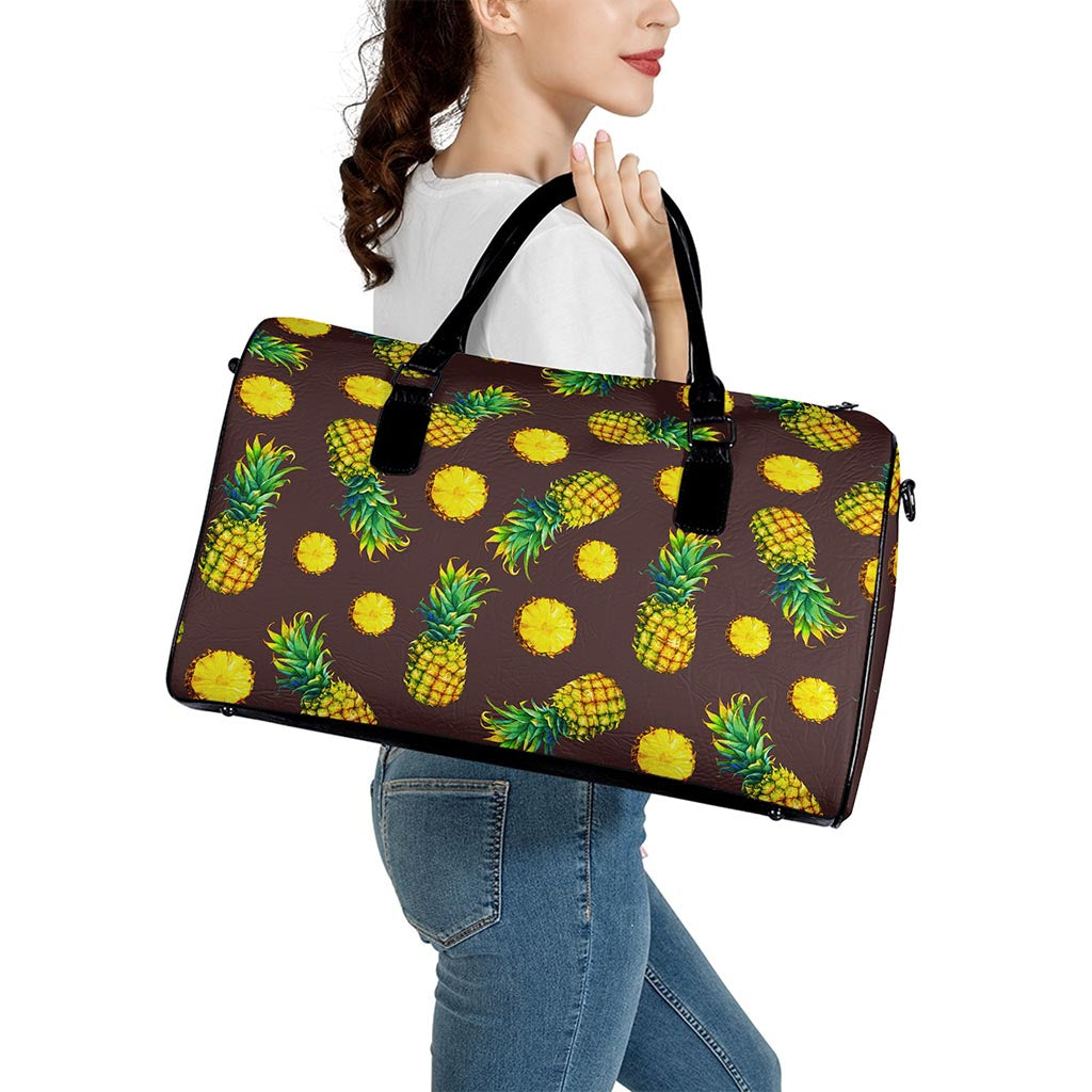 Brown Pineapple Pattern Print Leather Duffle Bag