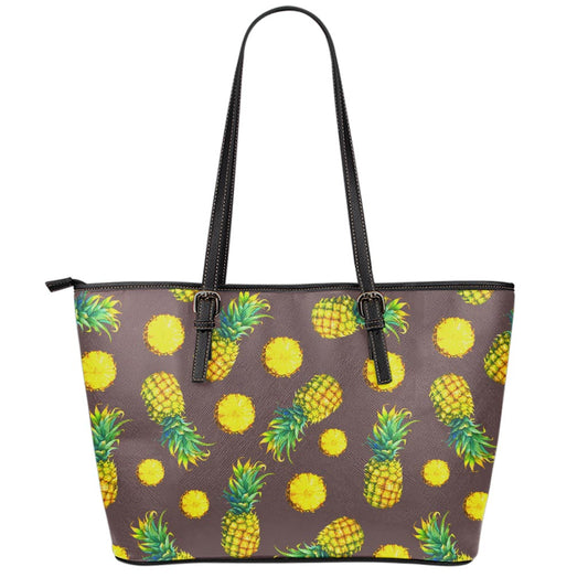 Brown Pineapple Pattern Print Leather Tote Bag