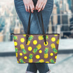 Brown Pineapple Pattern Print Leather Tote Bag