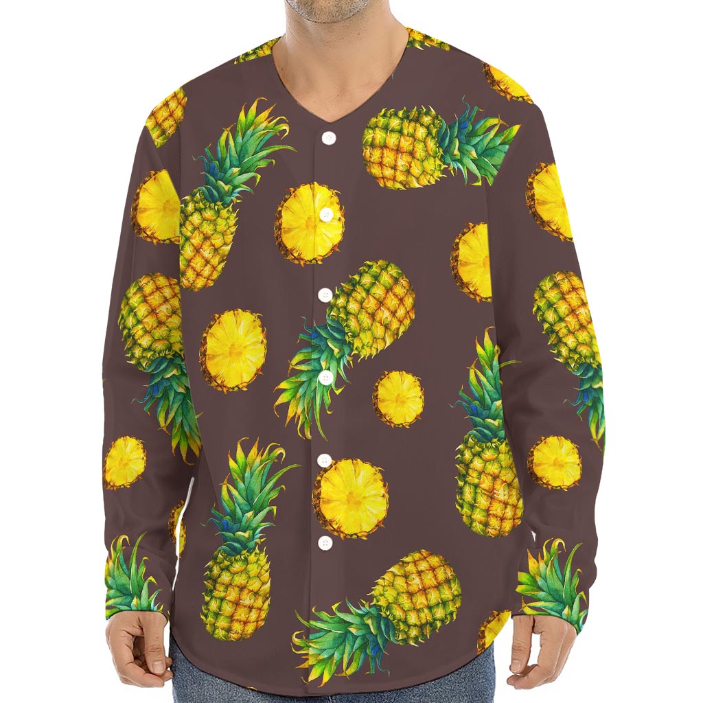 Brown Pineapple Pattern Print Long Sleeve Baseball Jersey