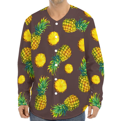 Brown Pineapple Pattern Print Long Sleeve Baseball Jersey