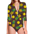 Brown Pineapple Pattern Print Long Sleeve Swimsuit