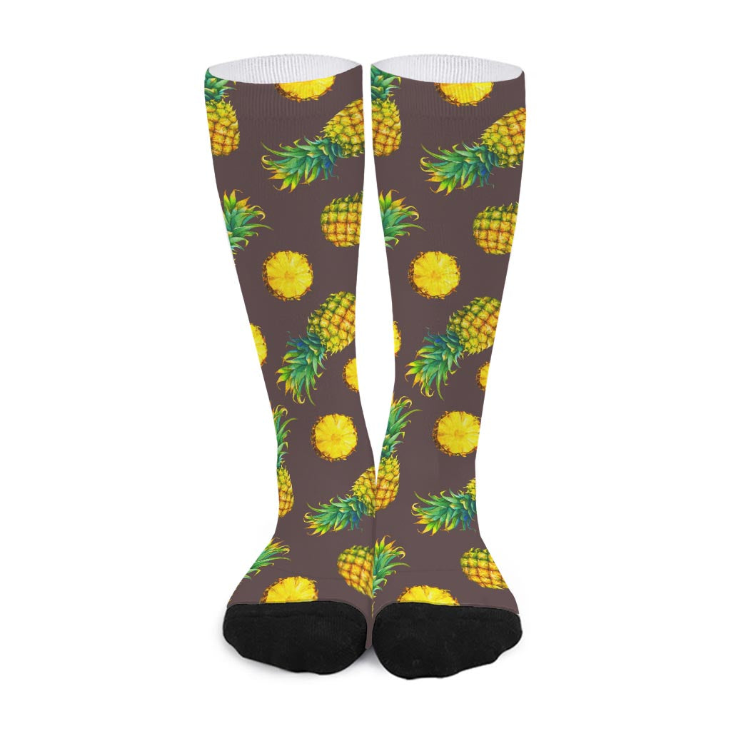 Brown Pineapple Pattern Print Long Socks