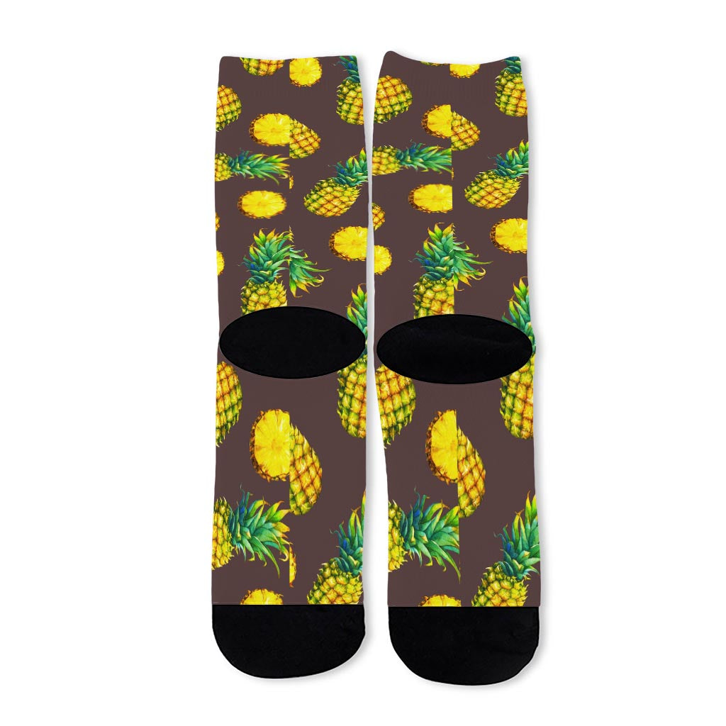 Brown Pineapple Pattern Print Long Socks