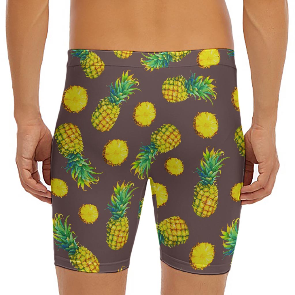 Brown Pineapple Pattern Print Men's Long Boxer Briefs