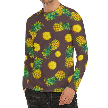 Brown Pineapple Pattern Print Men's Long Sleeve Rash Guard