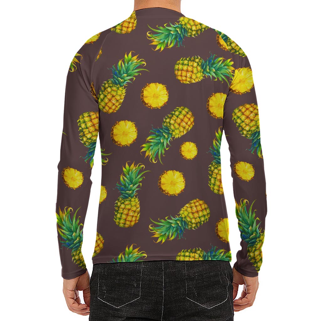 Brown Pineapple Pattern Print Men's Long Sleeve Rash Guard
