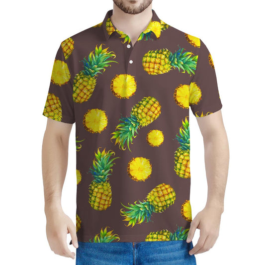 Brown Pineapple Pattern Print Men's Polo Shirt