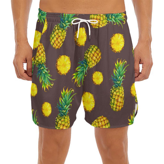 Brown Pineapple Pattern Print Men's Split Running Shorts