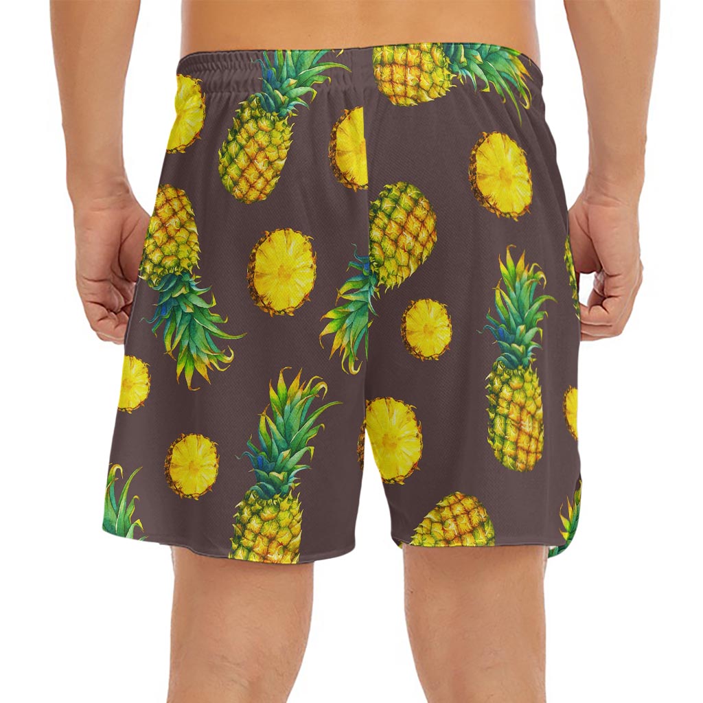 Brown Pineapple Pattern Print Men's Split Running Shorts
