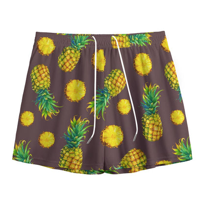 Brown Pineapple Pattern Print Mesh Shorts