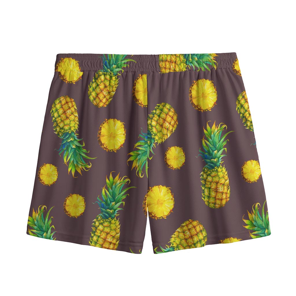 Brown Pineapple Pattern Print Mesh Shorts