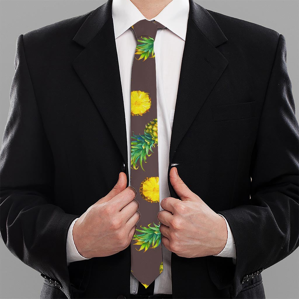 Brown Pineapple Pattern Print Necktie