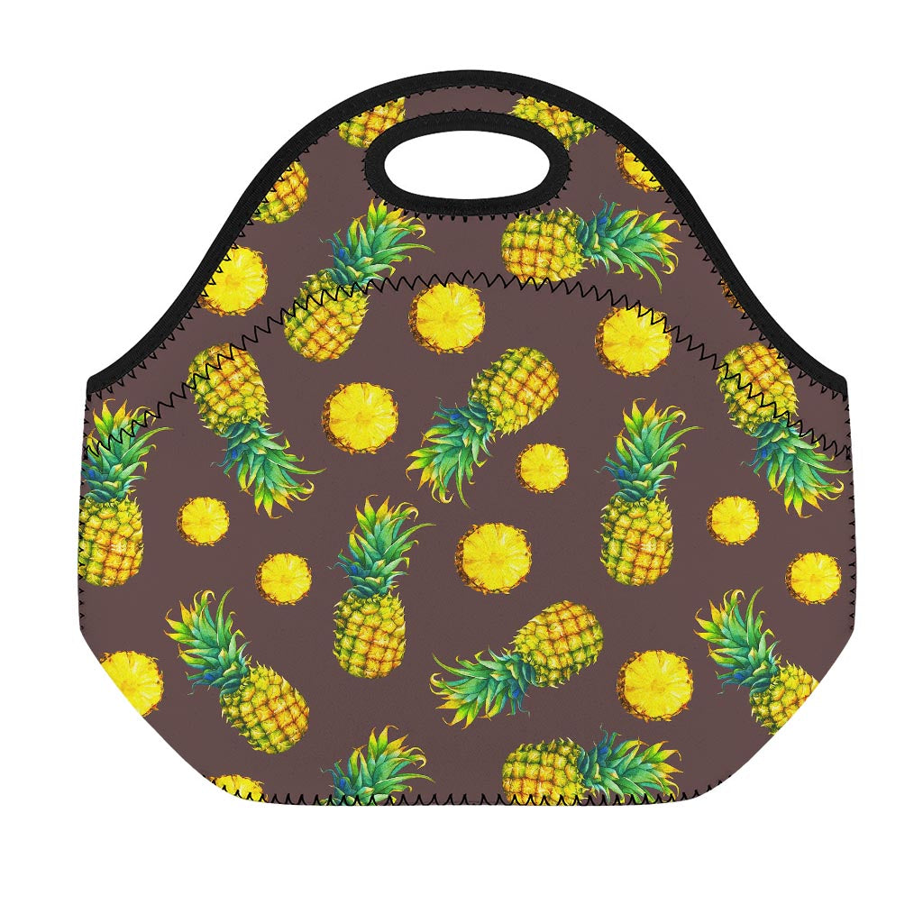 Brown Pineapple Pattern Print Neoprene Lunch Bag