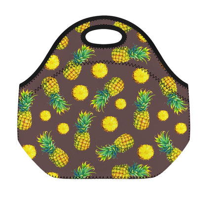 Brown Pineapple Pattern Print Neoprene Lunch Bag
