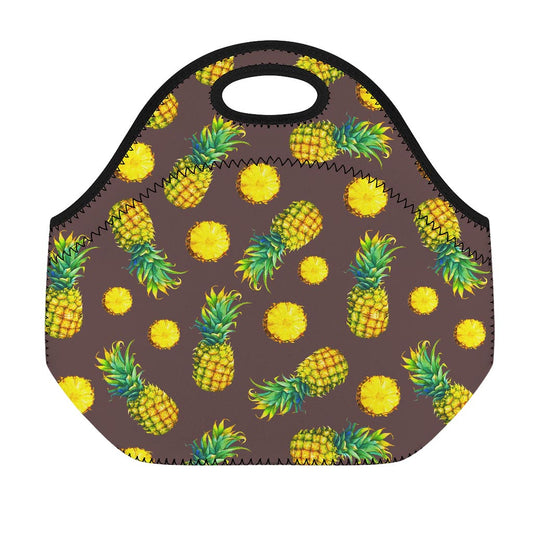 Brown Pineapple Pattern Print Neoprene Lunch Bag