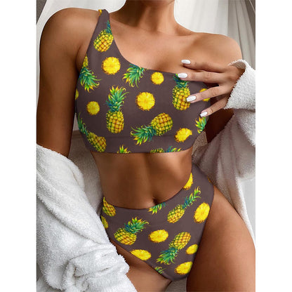 Brown Pineapple Pattern Print One Shoulder Bikini Top