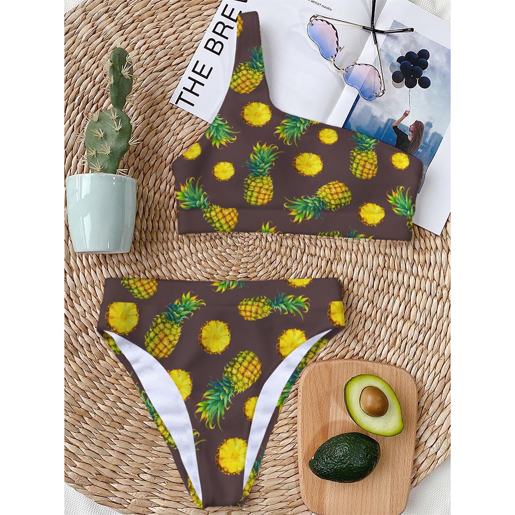Brown Pineapple Pattern Print One Shoulder Bikini Top