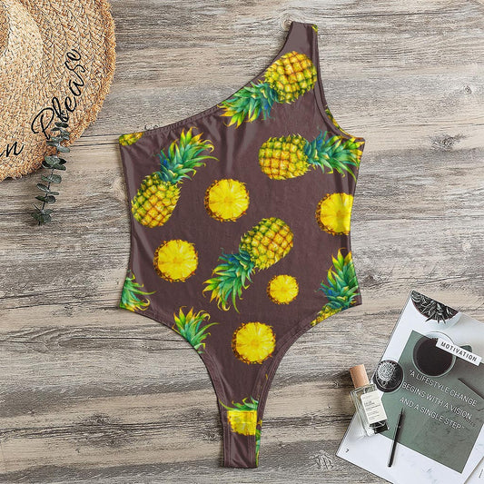 Brown Pineapple Pattern Print One Shoulder Bodysuit